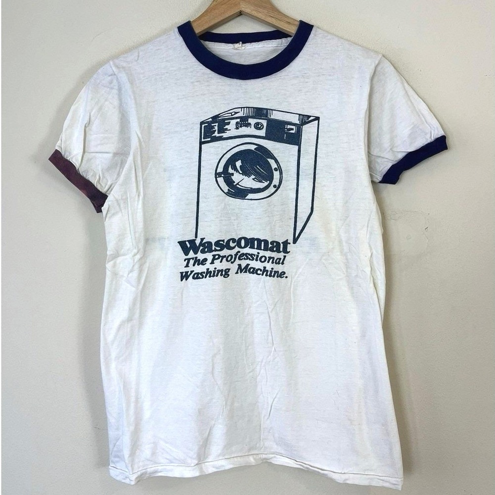 Vintage 70's Wascomat Washing Machine Laundromat Graphic Art White Tee - S/M